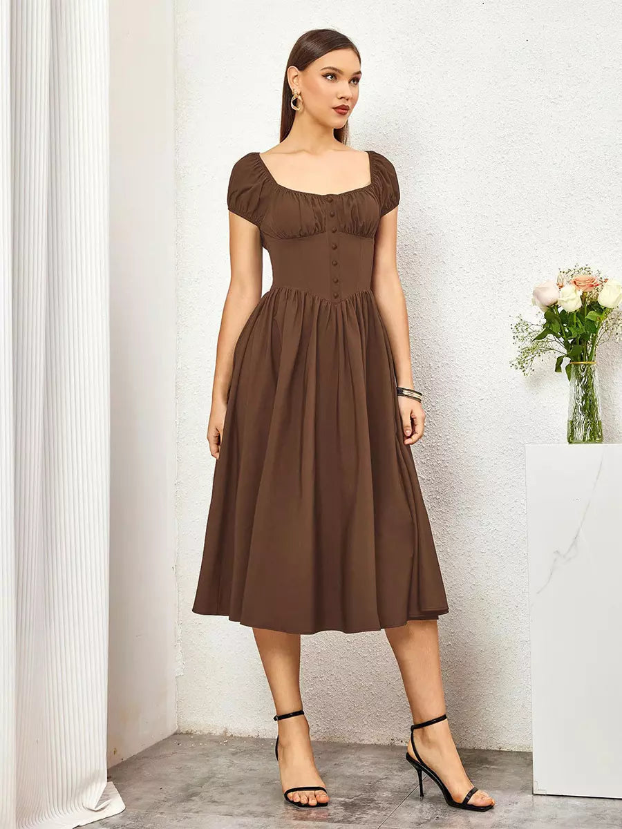 Elegant Pleated Square Neck Midi Dress With Puffed Sleeves