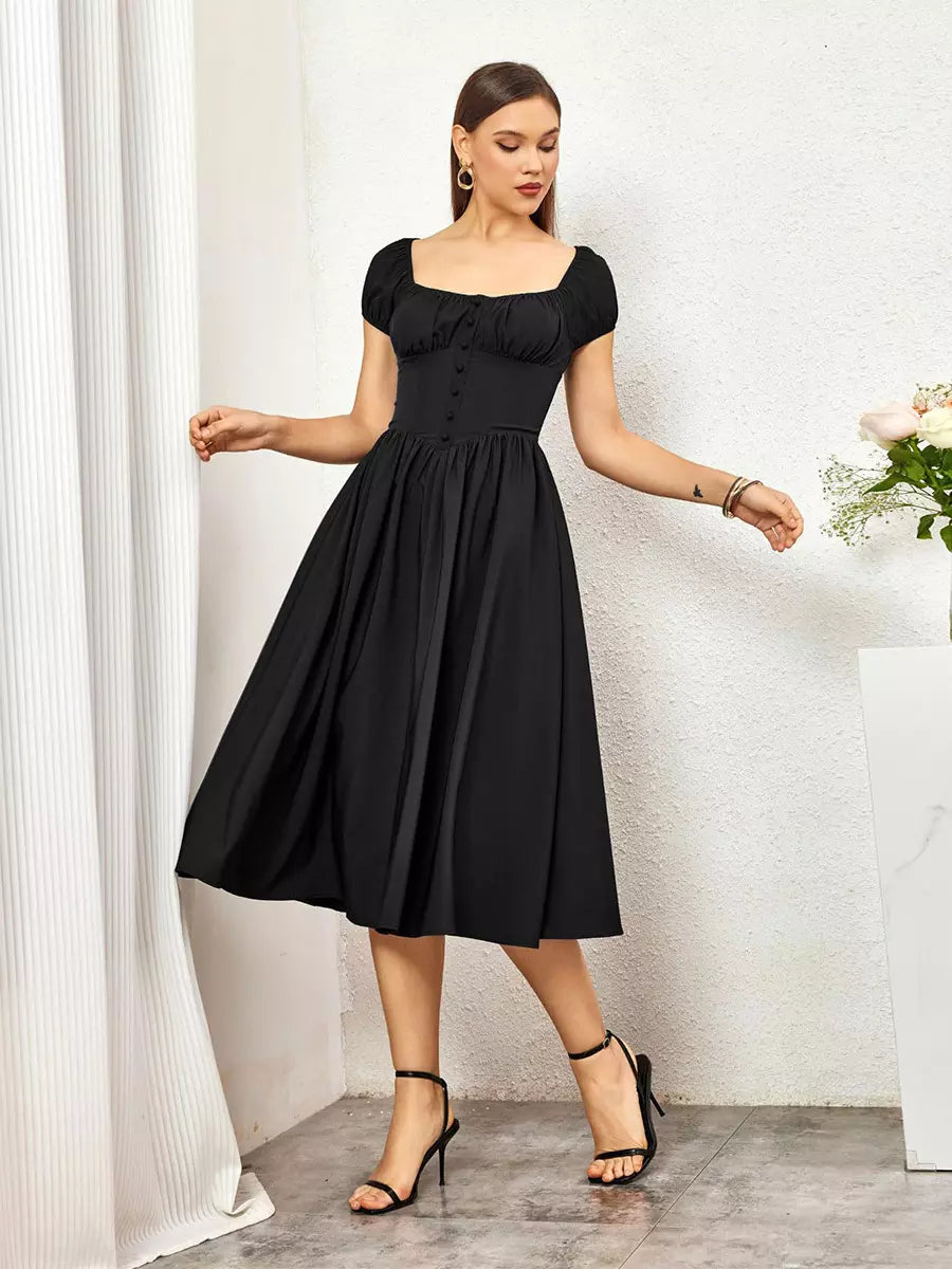 Elegant Pleated Square Neck Midi Dress With Puffed Sleeves