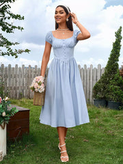Elegant Pleated Square Neck Midi Dress With Puffed Sleeves