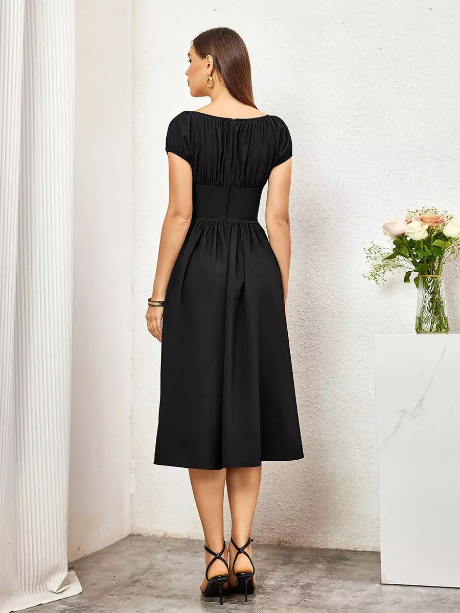 Elegant Pleated Square Neck Midi Dress With Puffed Sleeves