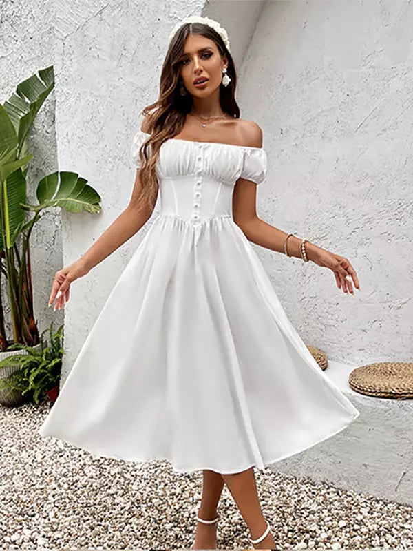 Elegant Pleated Square Neck Midi Dress With Puffed Sleeves