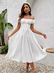 Elegant Pleated Square Neck Midi Dress With Puffed Sleeves
