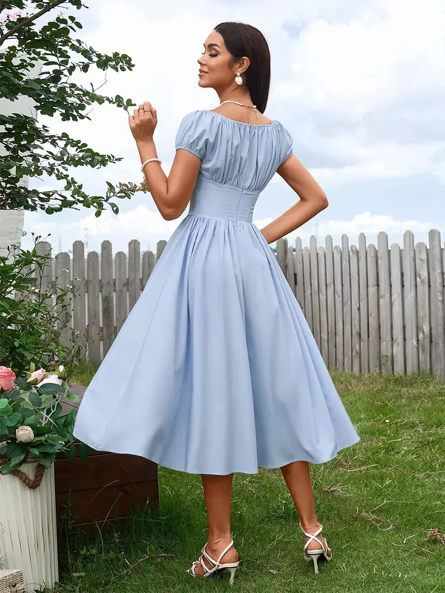 Elegant Pleated Square Neck Midi Dress With Puffed Sleeves
