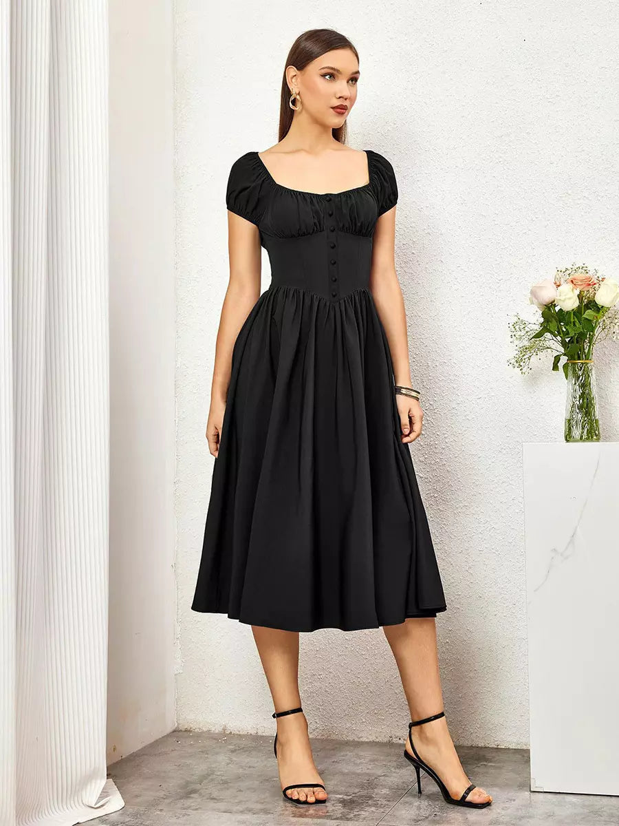 Elegant Pleated Square Neck Midi Dress With Puffed Sleeves
