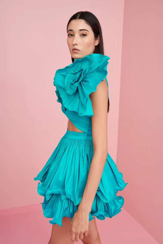 Elegant Pleated Tiered 3D Floral Birthday Party Mini Dress