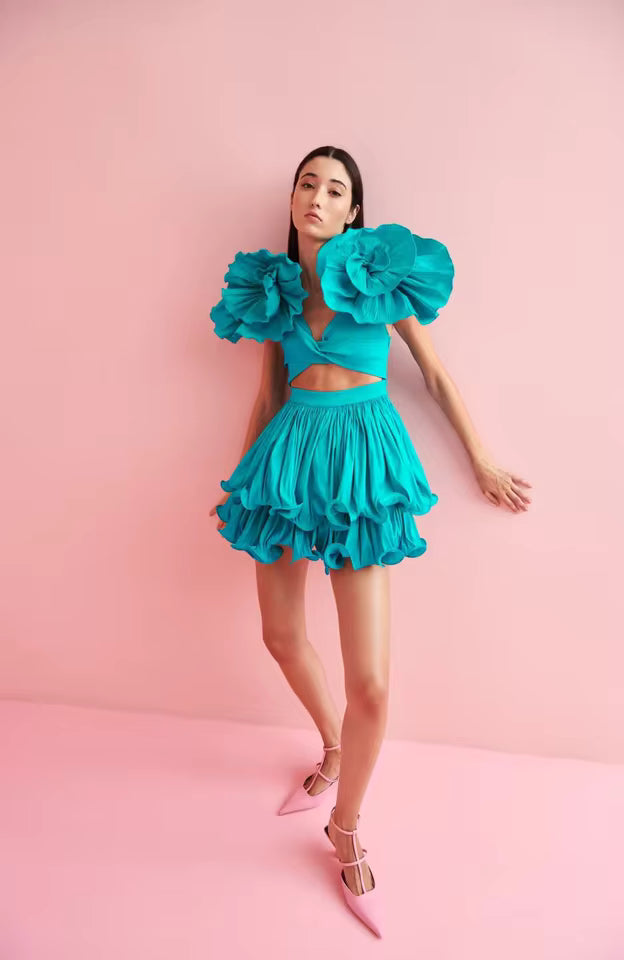 Elegant Pleated Tiered 3D Floral Birthday Party Mini Dress