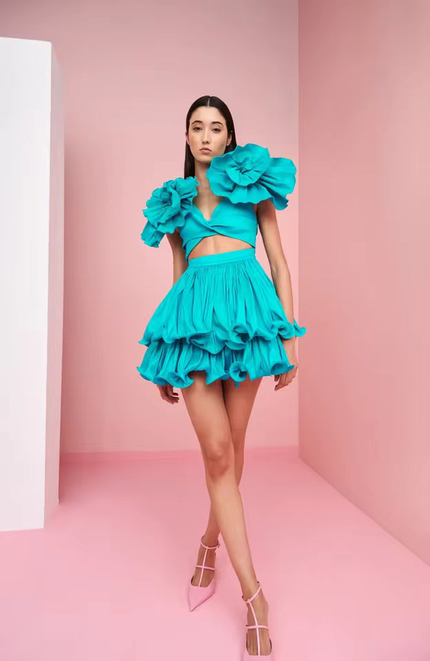 Elegant Pleated Tiered 3D Floral Birthday Party Mini Dress