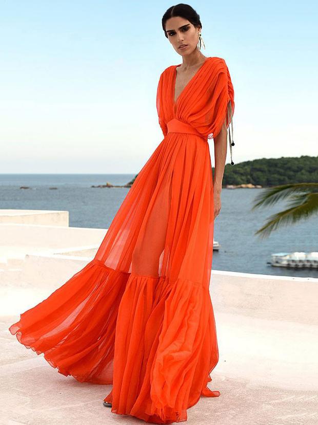 Elegant Pleated V-Neck Short Sleeves Backless Long Maxi Dress