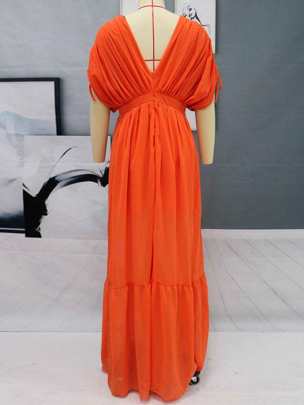 Elegant Pleated V-Neck Short Sleeves Backless Long Maxi Dress
