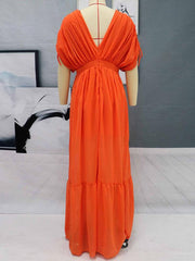 Elegant Pleated V-Neck Short Sleeves Backless Long Maxi Dress