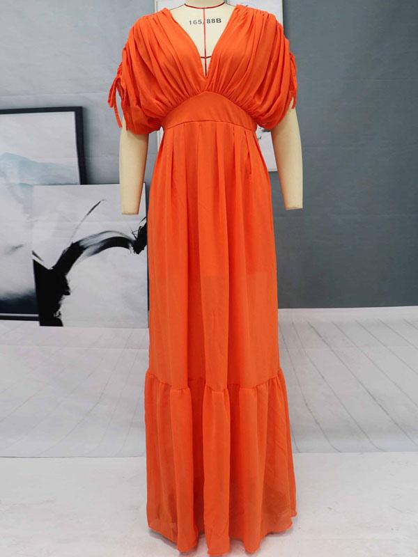 Elegant Pleated V-Neck Short Sleeves Backless Long Maxi Dress
