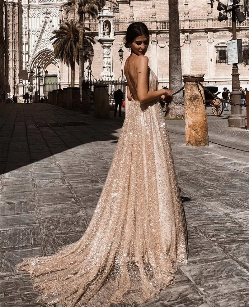 Elegant Plunging Neckline Cross Back Evening Party Dress
