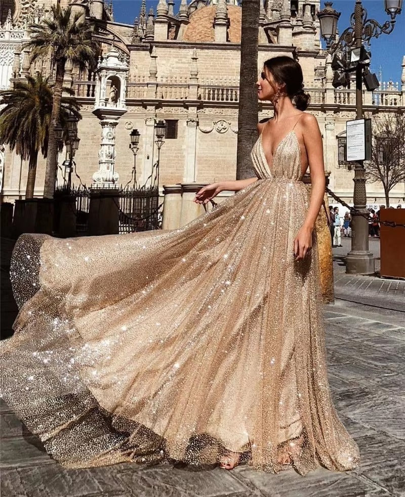 Elegant Plunging Neckline Cross Back Evening Party Dress