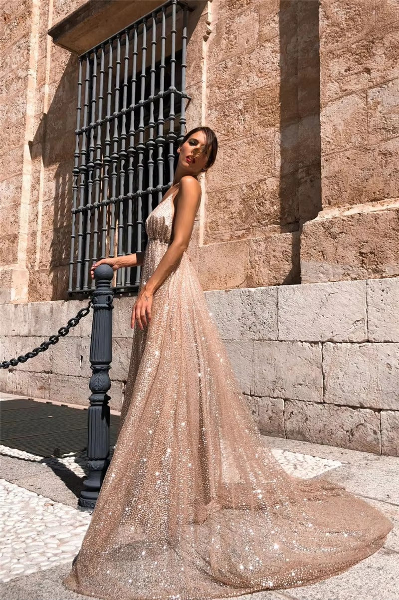 Elegant Plunging Neckline Cross Back Evening Party Dress