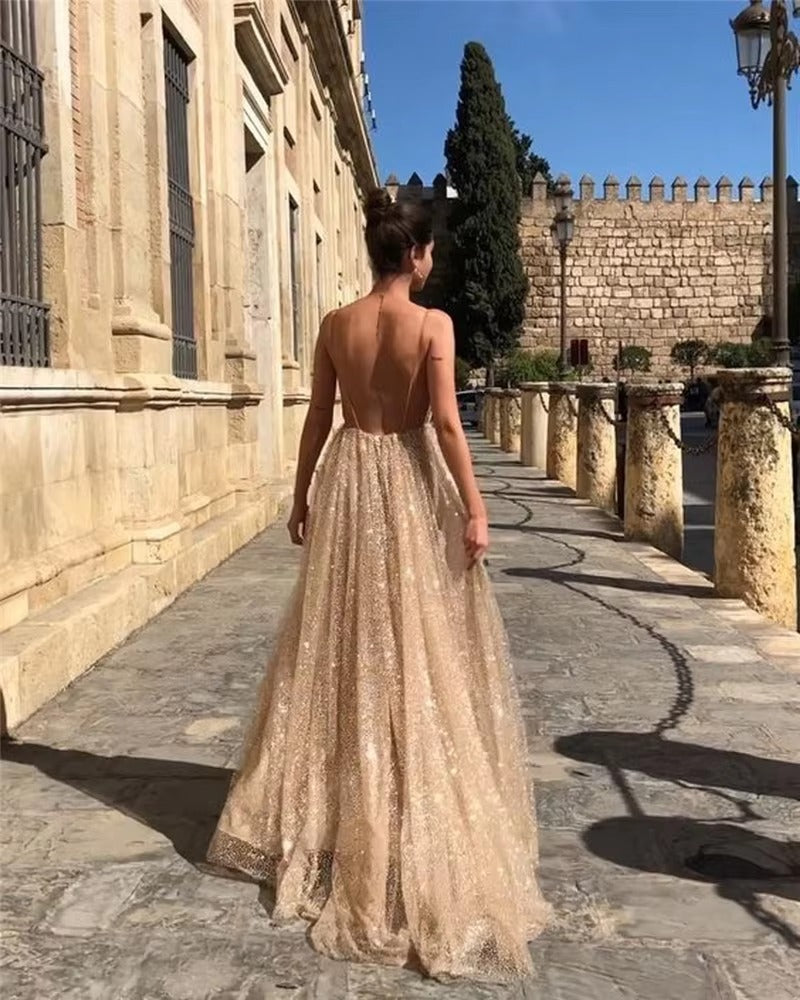 Elegant Plunging Neckline Cross Back Evening Party Dress
