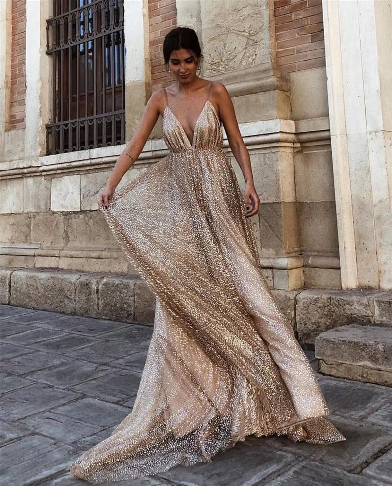 Elegant Plunging Neckline Cross Back Evening Party Dress