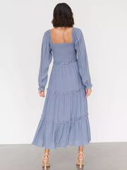 Elegant Pockets Puff Sleeve Tiered Ruffle Square Neck Long Maxi Dress