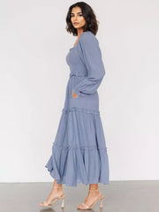 Elegant Pockets Puff Sleeve Tiered Ruffle Square Neck Long Maxi Dress