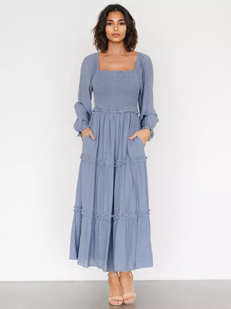 Elegant Pockets Puff Sleeve Tiered Ruffle Square Neck Long Maxi Dress