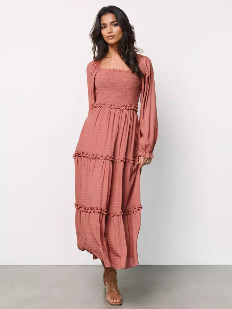 Elegant Pockets Puff Sleeve Tiered Ruffle Square Neck Long Maxi Dress