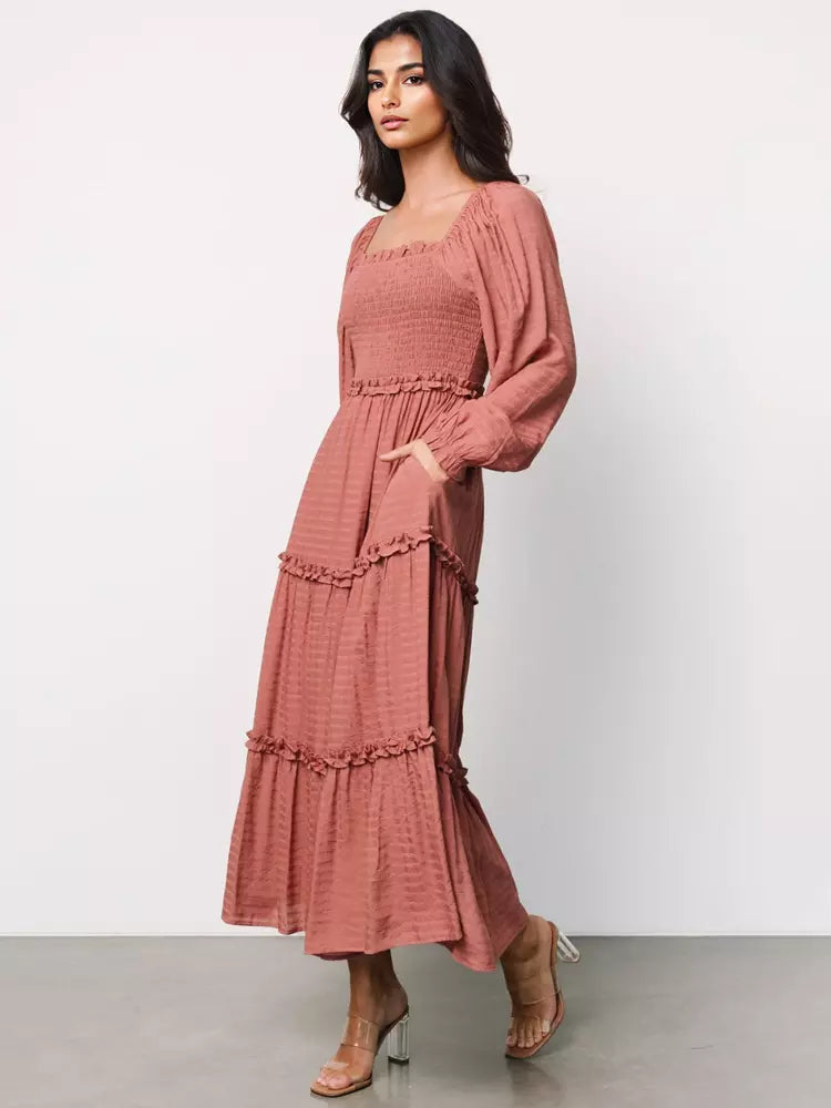 Elegant Pockets Puff Sleeve Tiered Ruffle Square Neck Long Maxi Dress