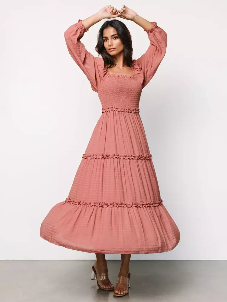 Elegant Pockets Puff Sleeve Tiered Ruffle Square Neck Long Maxi Dress
