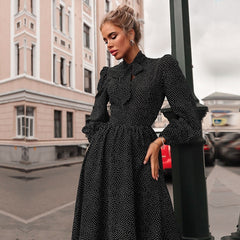 Elegant Polka Dot Tie Neck A-Line Party Dress