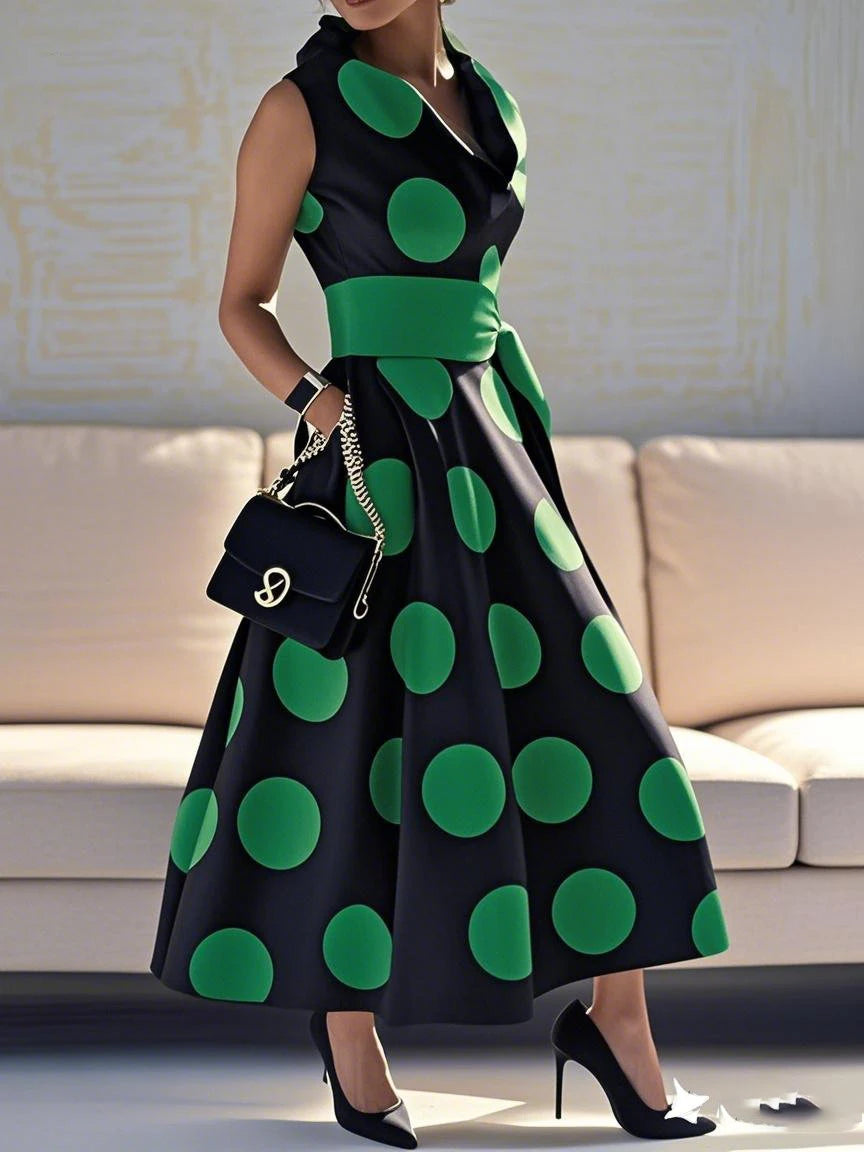 Elegant Polka-dot Tied Waist A-line Party Long Maxi Dresses