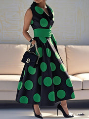Elegant Polka-dot Tied Waist A-line Party Long Maxi Dresses