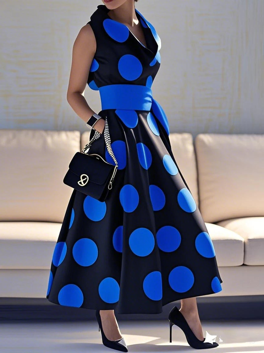 Elegant Polka-dot Tied Waist A-line Party Long Maxi Dresses