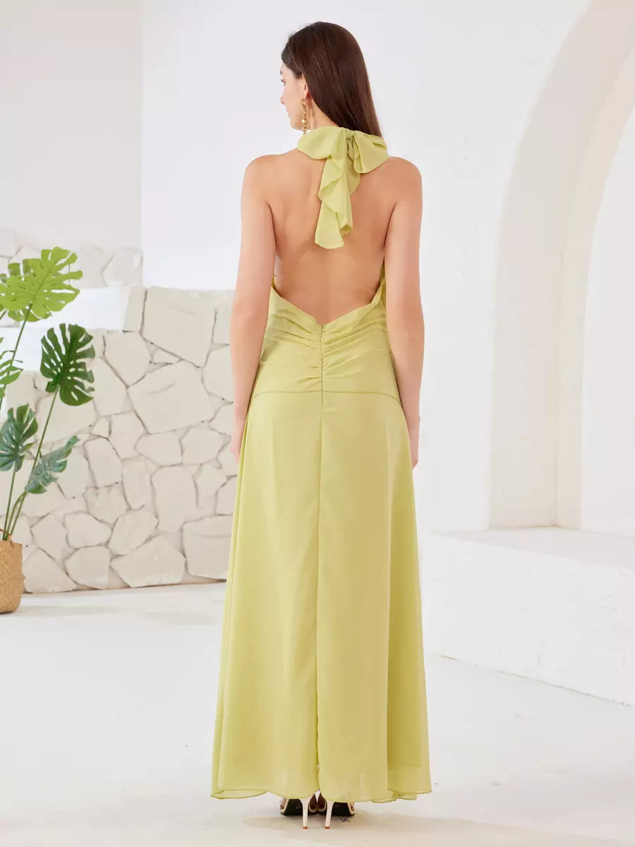 Elegant Polyester Backless Strapless High-slit Halter Maxi Dress