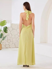 Elegant Polyester Backless Strapless High-slit Halter Maxi Dress