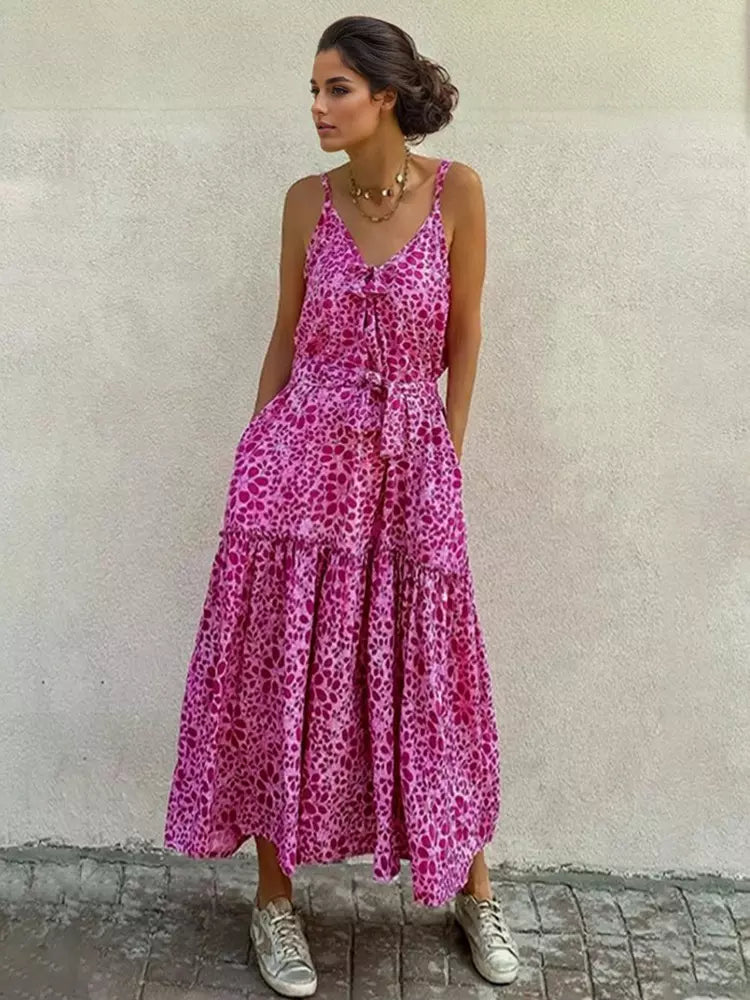 Elegant Polyester Belt V-Neck Open Shoulder Sleeveless Floral Maxi Dress