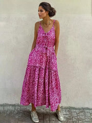 Elegant Polyester Belt V-Neck Open Shoulder Sleeveless Floral Maxi Dress