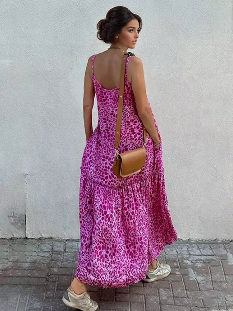 Elegant Polyester Belt V-Neck Open Shoulder Sleeveless Floral Maxi Dress