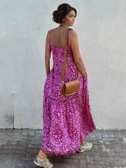 Elegant Polyester Belt V-Neck Open Shoulder Sleeveless Floral Maxi Dress