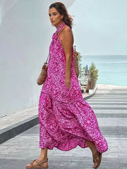 Elegant Polyester Belt V-Neck Open Shoulder Sleeveless Floral Maxi Dress
