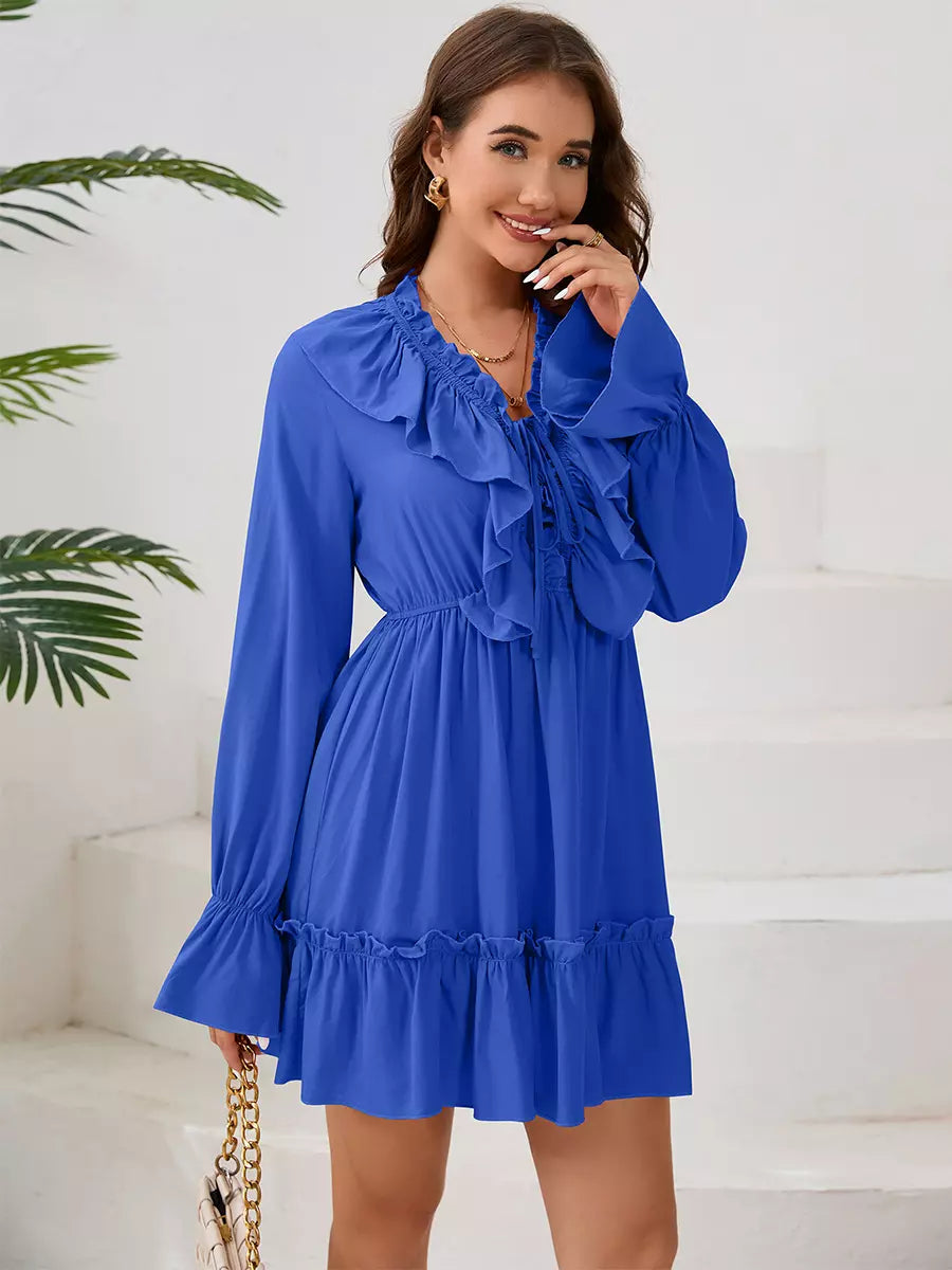 Elegant Polyester Boho Lace Up V-Neck Long Sleeves Dress
