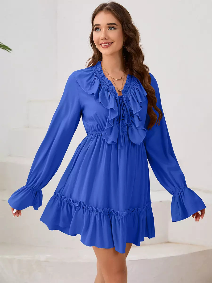 Elegant Polyester Boho Lace Up V-Neck Long Sleeves Dress