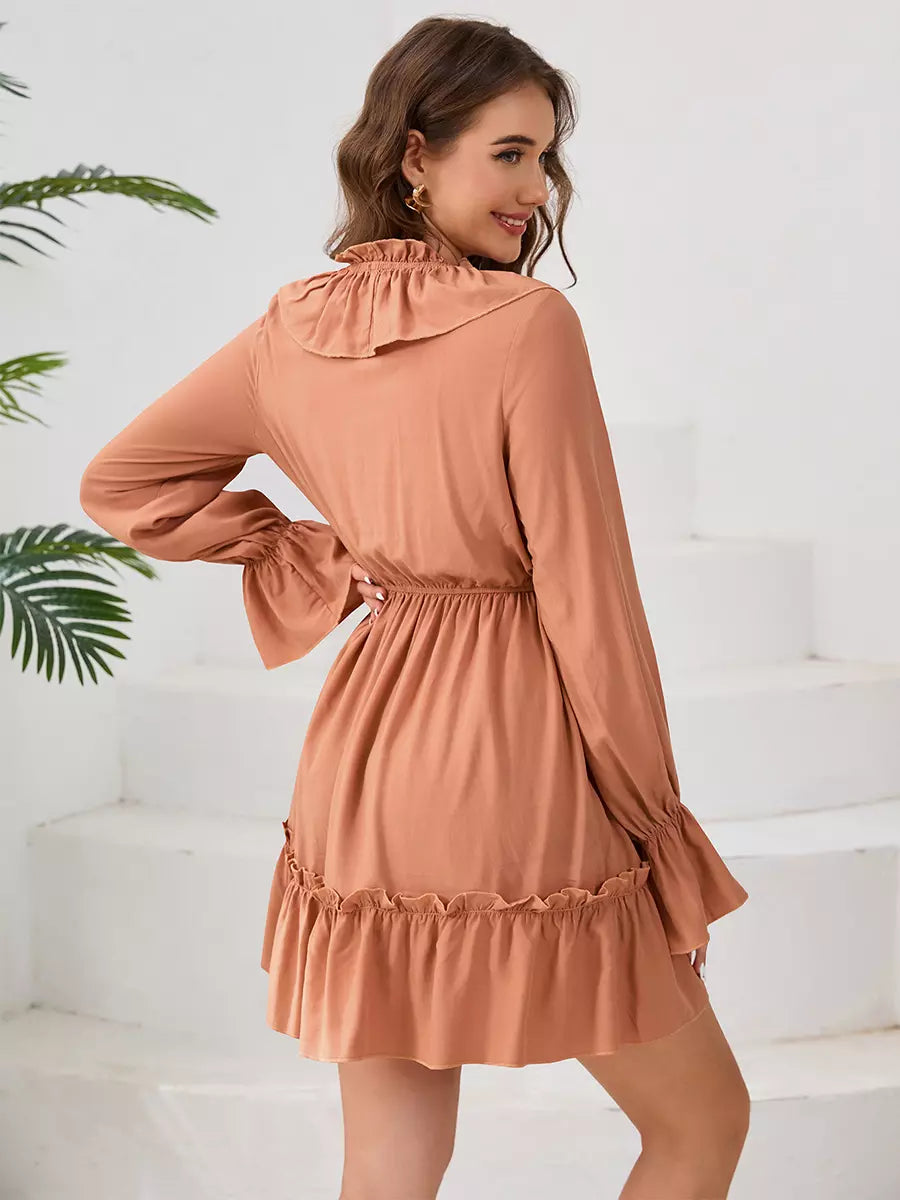 Elegant Polyester Boho Lace Up V-Neck Long Sleeves Dress