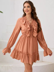 Elegant Polyester Boho Lace Up V-Neck Long Sleeves Dress