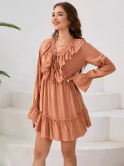 Elegant Polyester Boho Lace Up V-Neck Long Sleeves Dress