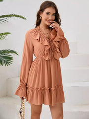 Elegant Polyester Boho Lace Up V-Neck Long Sleeves Dress