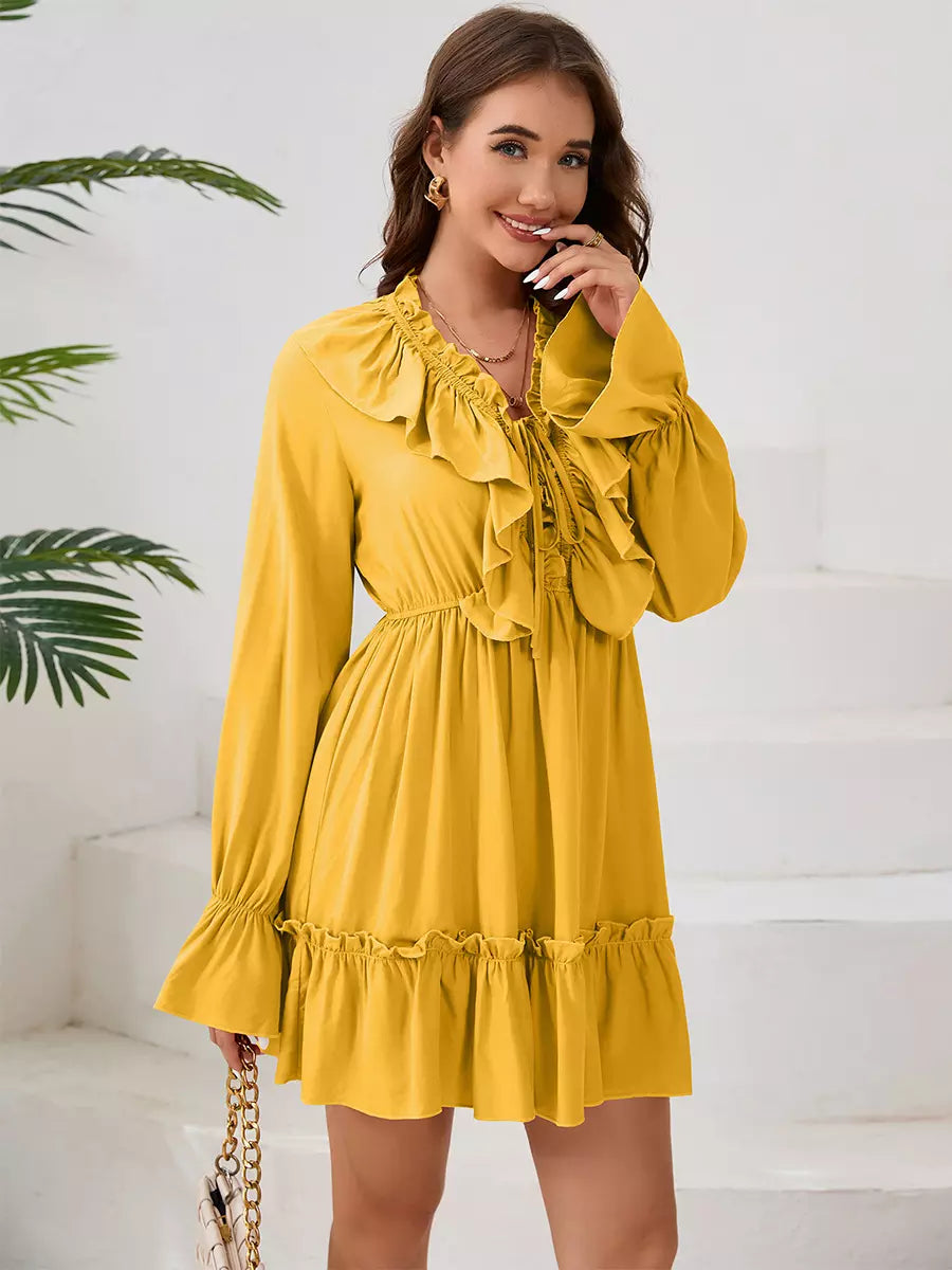 Elegant Polyester Boho Lace Up V-Neck Long Sleeves Dress
