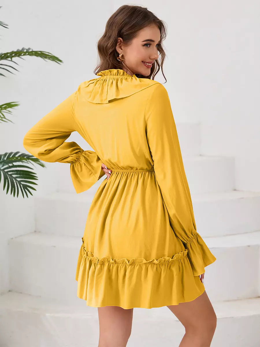 Elegant Polyester Boho Lace Up V-Neck Long Sleeves Dress