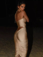 Elegant Polyester Cutout Halter Open Shoulder Bodycon Midi Dress