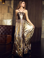 Elegant Polyester Designed Neckline A-Line Sleeveless Pleated Prom Party Maxi Dresses