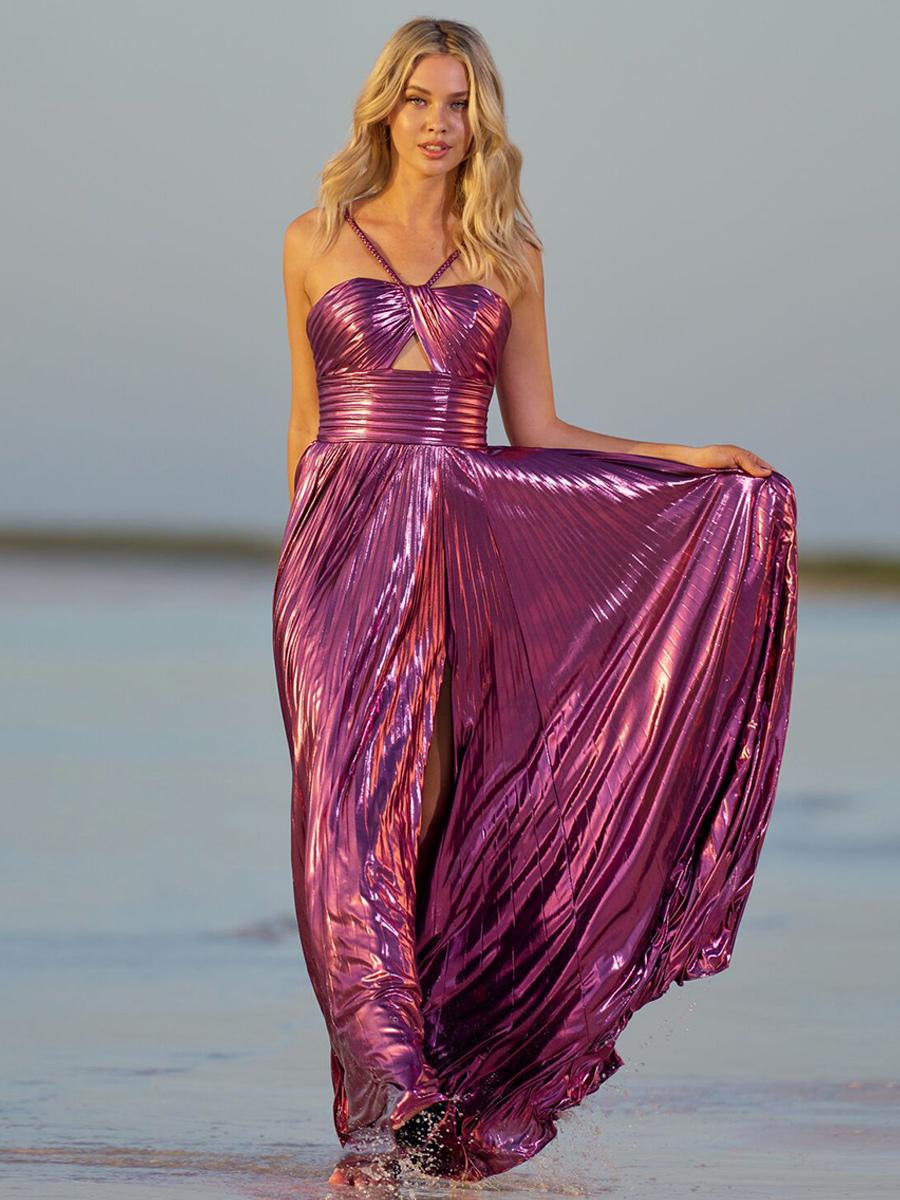 Elegant Polyester Designed Neckline A-Line Sleeveless Pleated Prom Party Maxi Dresses