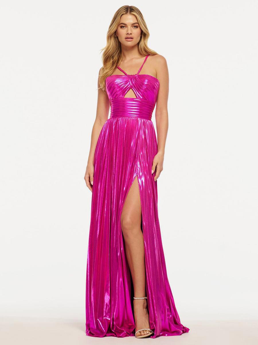 Elegant Polyester Designed Neckline A-Line Sleeveless Pleated Prom Party Maxi Dresses
