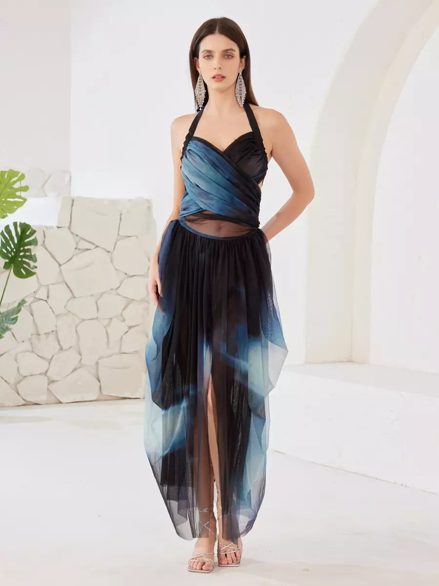 Elegant Polyester Gradient Lace-up Sheer Slit Long Dress
